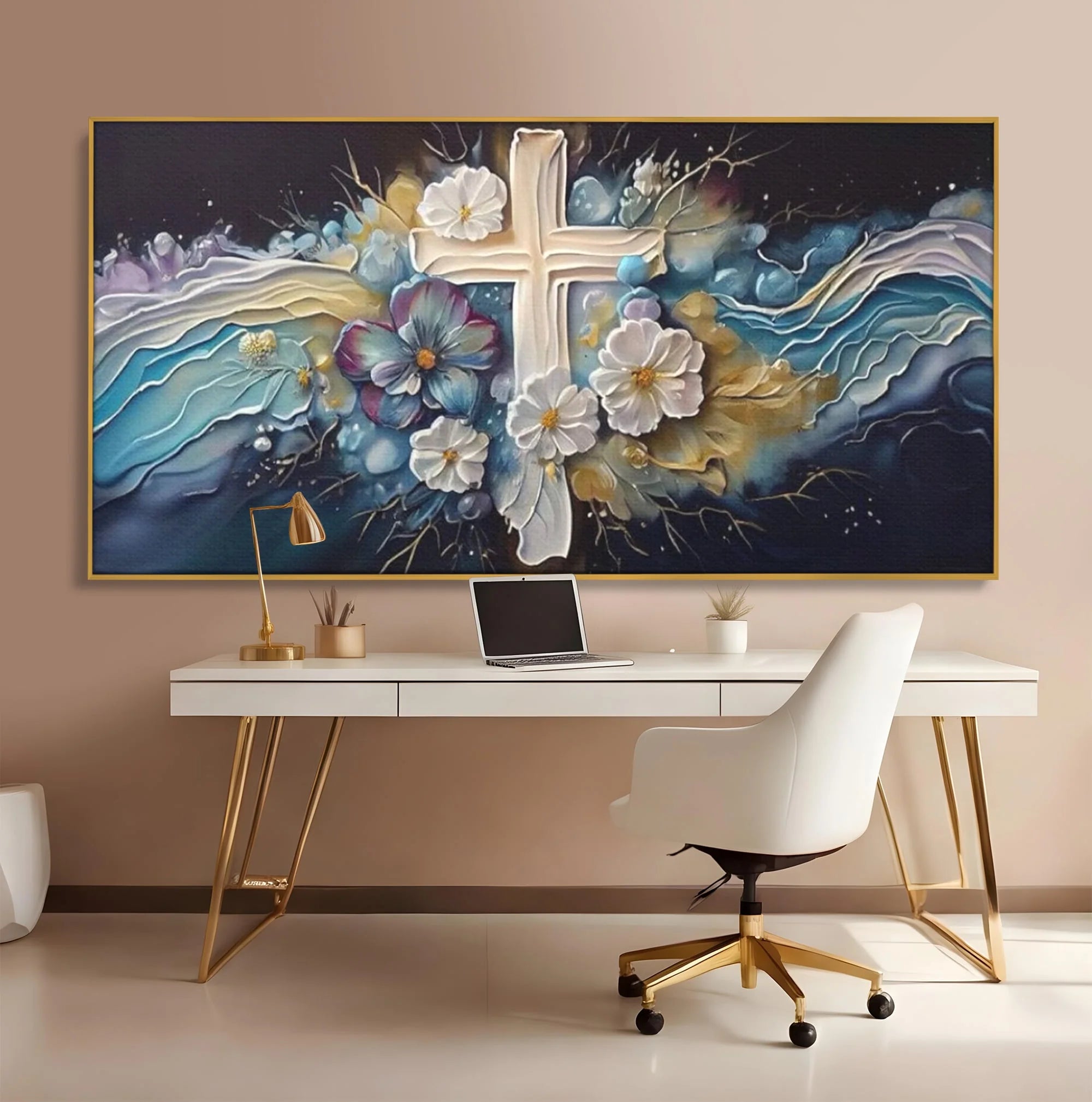 Tablou canvas cu pictura canvas cu cruce si flori, in rama de aluminiu auriu, pe perete intr-un birou